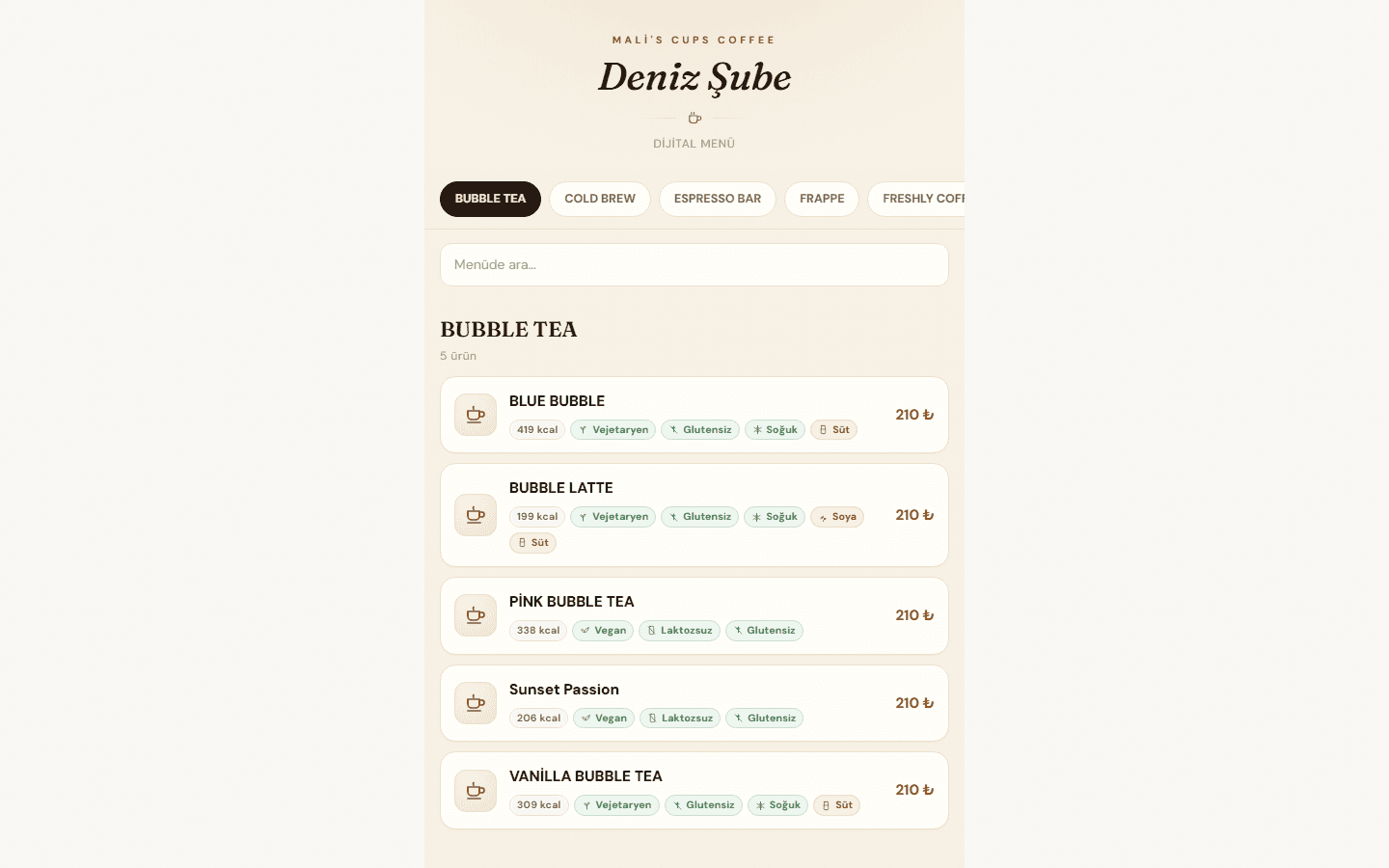Mali's Cups QR Menu — Digital Menu Platform with Nutrition Facts